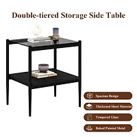 Set of 2 Rectangle End Table, Tempered Glass Tabletop with Mdf layer, Modern Table for Living Room, Gray Glass