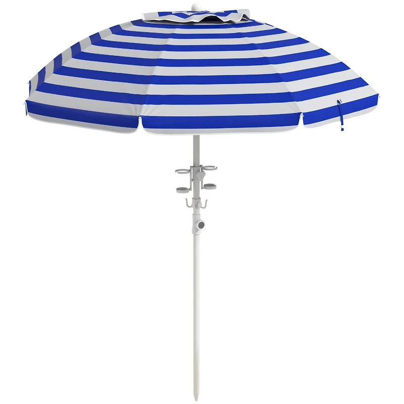 5.7' Portable Beach Umbrella with Tilt, Adjustable Height, 2 Cup Holders & Hooks, Uv 40+ Ruffled Outdoor Umbrella with Vented Canopy, Blue White Strip