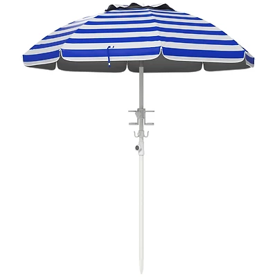 5.7' Portable Beach Umbrella with Tilt, Adjustable Height, 2 Cup Holders & Hooks, Uv 40+ Ruffled Outdoor Umbrella with Vented Canopy, Blue White Strip