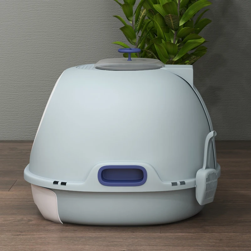 Covered Litter Box, Litter Box with a Lid, Scoop Enclosed Drawer & Skylight for Cats That's Easy to Clean, Blue