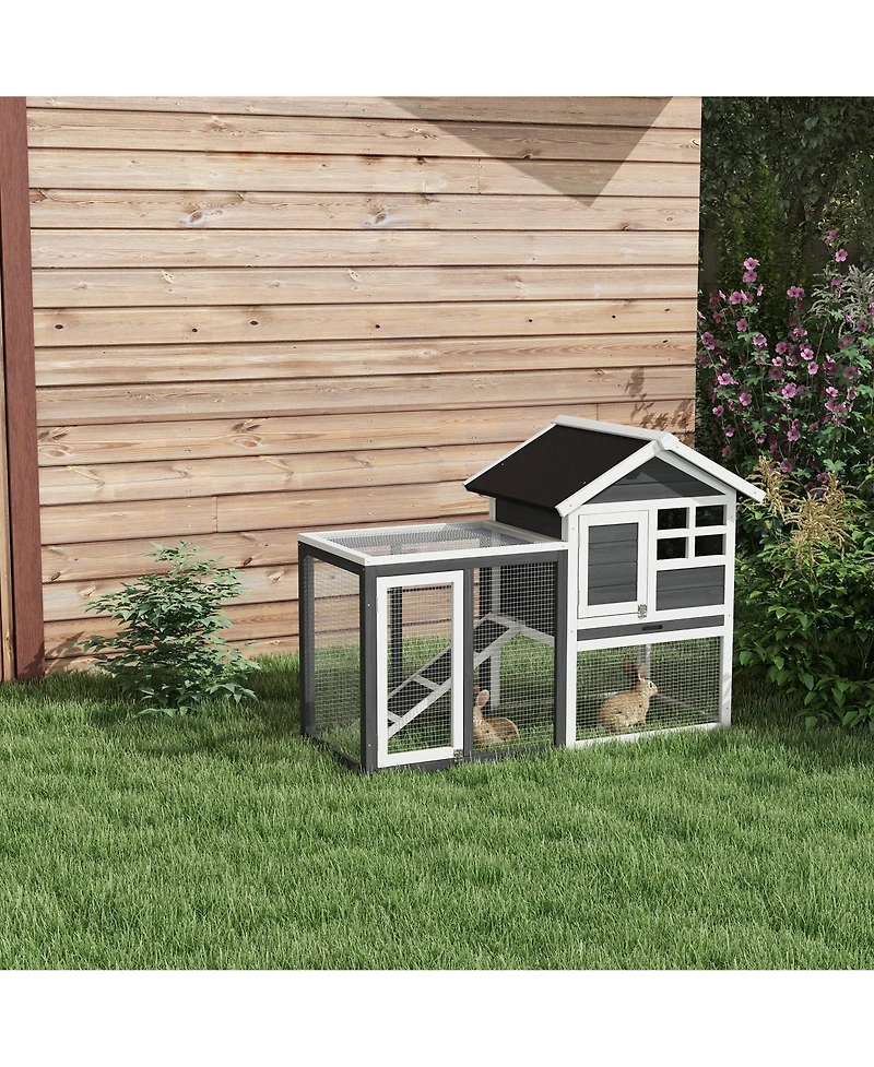 Simplie Fun 48" Wooden Rabbit Hutch Bunny Cage with Waterproof Asphalt Roof, Fun Outdoor Run, Removable Tray and Ramp, Grey