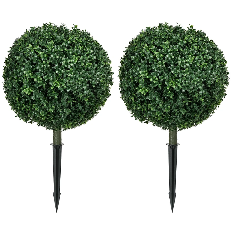 1.3' (15.7") Artificial Boxwood Topiary Trees with Ground Stake, Uv Resistant Set of 2 Ball Shaped Trees, Indoor Outdoor Fake Plants for Home Off