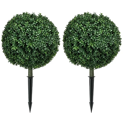 1.3' (15.7") Artificial Boxwood Topiary Trees with Ground Stake, Uv Resistant Set of 2 Ball Shaped Trees, Indoor Outdoor Fake Plants for Home Off