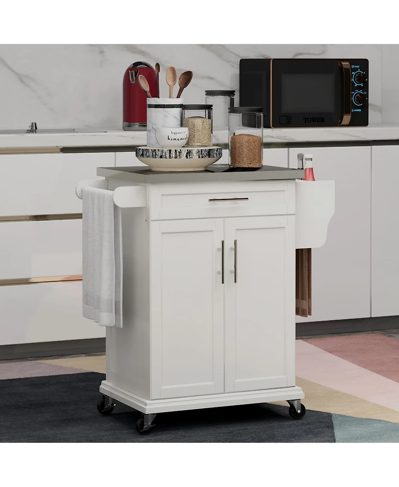 Kitchen Island on Wheels, Rolling Kitchen Cart with Stainless Steel Countertop, Drawer, Towel Rack and Spice Rack, Utility Storage Trolley, Cream Whit