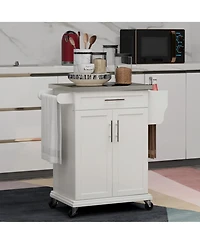 Kitchen Island on Wheels, Rolling Kitchen Cart with Stainless Steel Countertop, Drawer, Towel Rack and Spice Rack, Utility Storage Trolley, Cream Whit