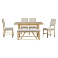 6-Piece Retro Dining Set, 1 Rectangular Table with Designed Trestle Base and 4 Upholstered Chairs and 1 Bench for Dining Room and Kitchen (Gray)