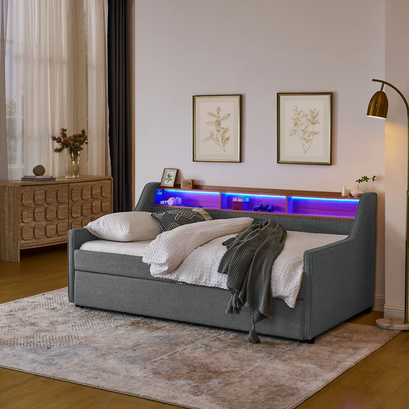 Streamdale Adjustable Linen Sofa Bed with Led Lights and Storage
