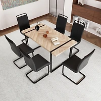 59" Rural Industrial Rectangular Mdf Light Wood Dining Table Set and Pu Armless Dining Chair Set, 6-piece. Kitchen Black Metal Table Leg Dining C