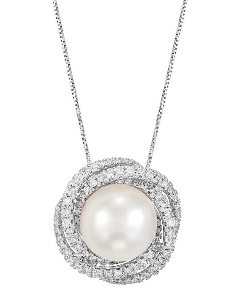 Grown With Love Cultured Freshwater Pearl (11mm) & Lab Grown Diamond (5/8 ct. t.w.) Love Knot 18" Pendant Necklace in 14k White Gold
