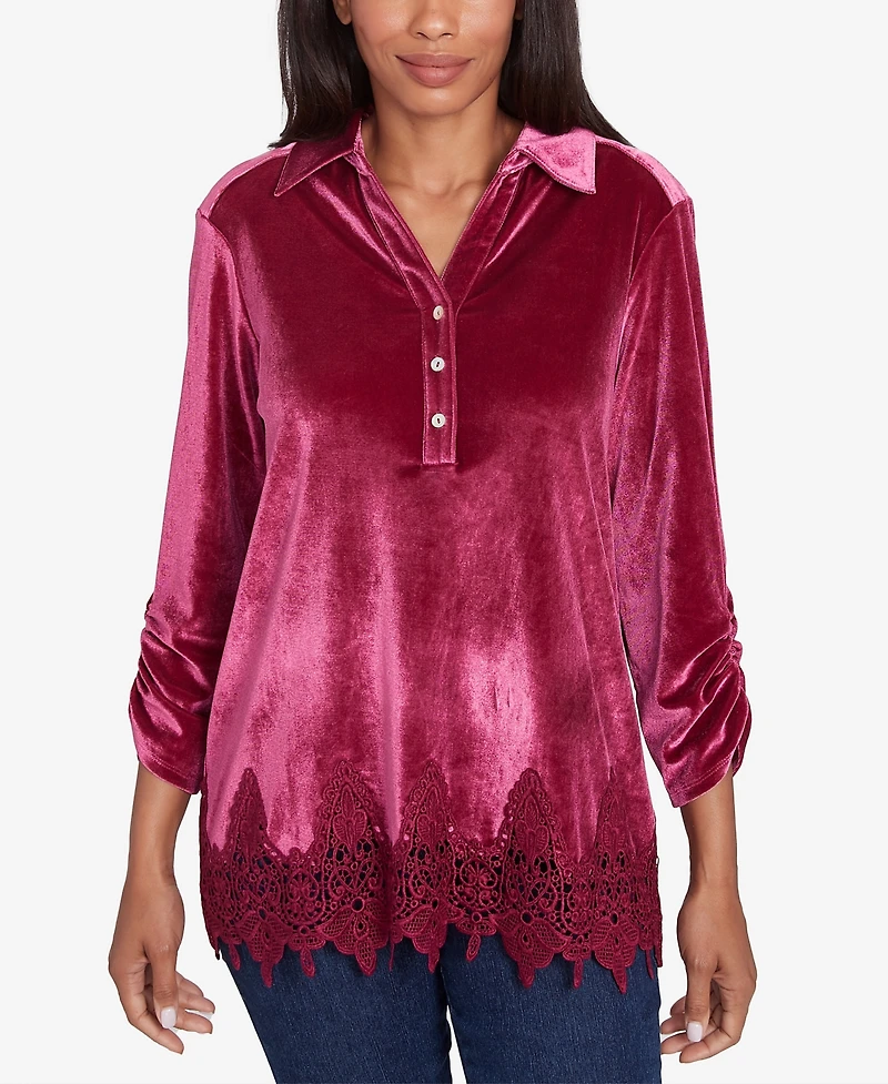 Ruby Rd. Petite Stretch Velvet Lace Trim V-Neck Top