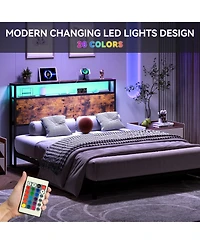 gaomon Headboard for Queen Size Bed with Storage, Adjustable Metal & Wood Headboard with 2 Outlets, Led Lights, Usb Ports, and Storage Rack, Sturdy &