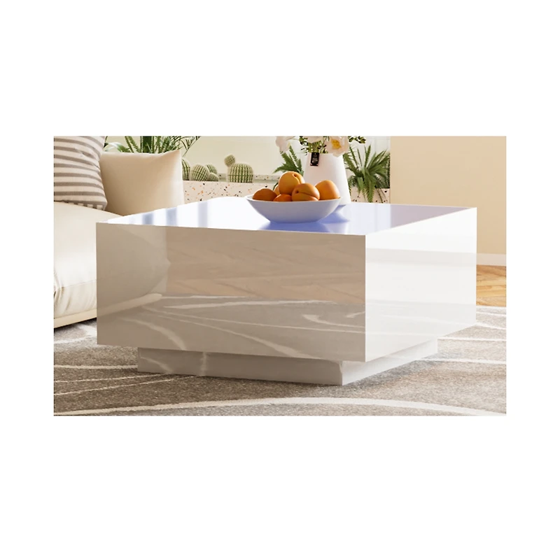 Streamdale Furniture Square High Glossy Coffee Table with 16-color Led Strip Lights, Modern Center Table with 5mm Frosted Tempered Glass Top for Livin