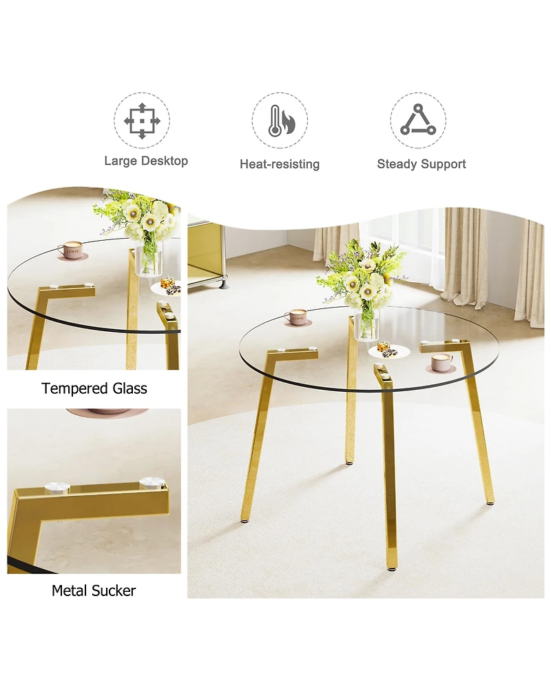 Streamdale Furniture Modern minimalist style circular transparent tempered glass table, tempered glass tabletop, golden metal legs, suitable for kitch