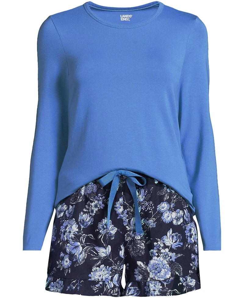 Lands' End Women's Lightweight Cotton Modal Drapey Flannel 2 Piece Pajama Set - Top and Shorts