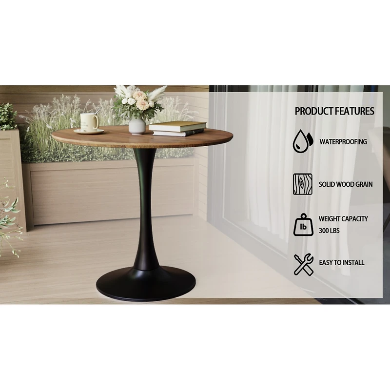 Simplie Fun Walnut circular dining table, 31.5" tulip dining table, kitchen dining table for 2-4 people, Mdf tabletop and base, and 2 black Pu black m