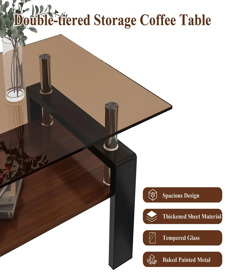 Streamdale Furniture Rectangle Coffee Table, Tempered Glass Tabletop with Mdf Layer, Modern Table for Living Room, Brown Glass