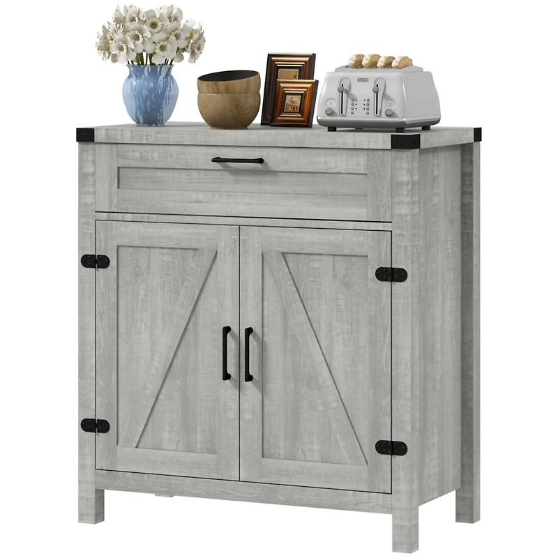 Sideboard Buffet Cabinet with Storage Drawer, Modern Farmhouse Kitchen Cabinet with 2 Barn Doors, Coffee Bar Cabinet, Gray