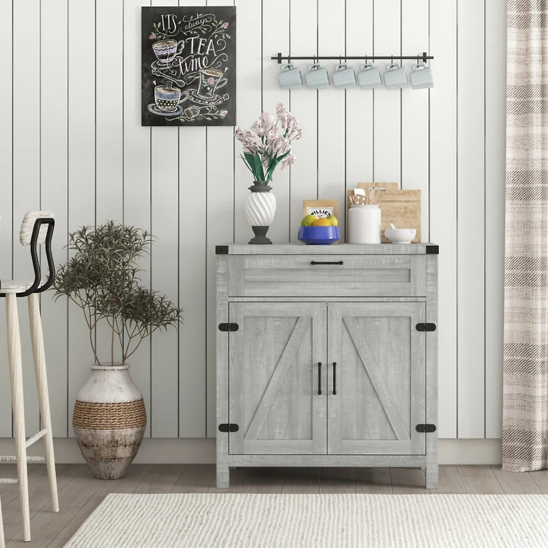 Sideboard Buffet Cabinet with Storage Drawer, Modern Farmhouse Kitchen Cabinet with 2 Barn Doors, Coffee Bar Cabinet, Gray