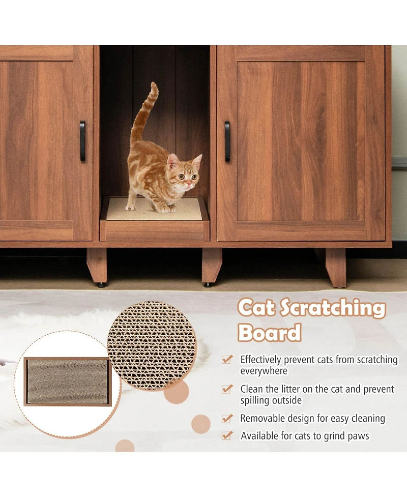 Sugift 2 Doors Cat Litter Box Enclosure with Winding Entry and Scratching Board