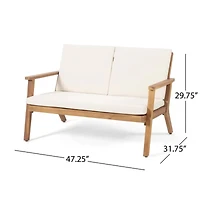 Temecula Outdoor Acacia Wood 4-Seater Chat Set_Loveseat&Coffee Table&2 Club Chairs - Brown Patina Finish + Cream Cushion