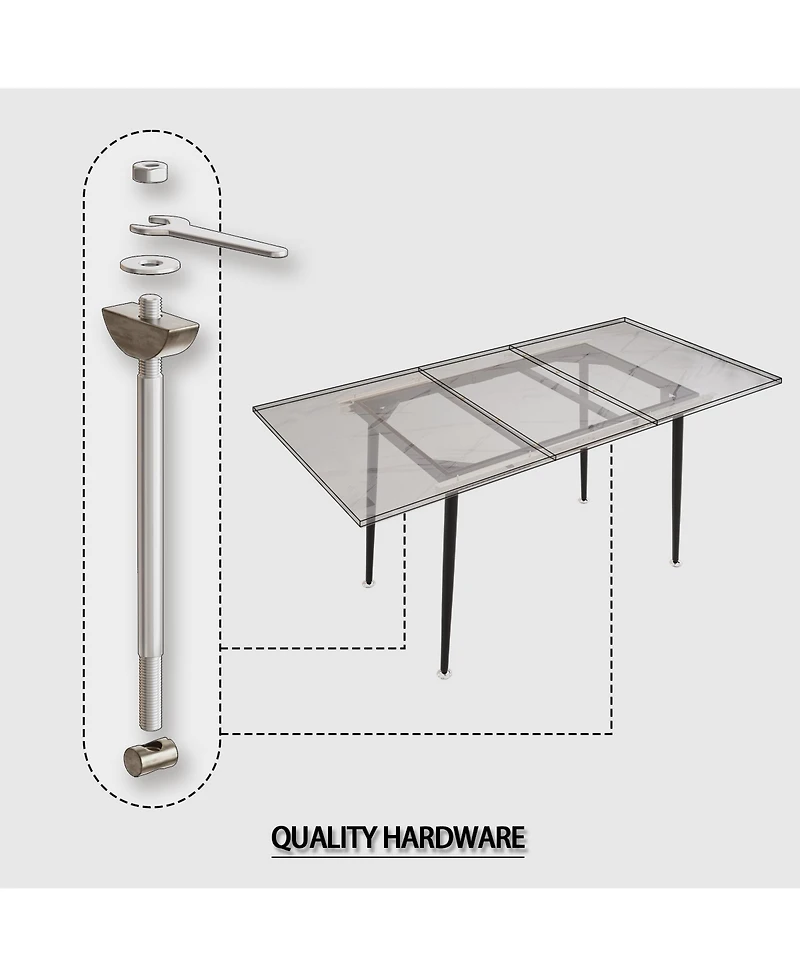 Simplie Fun 63" Mdf square white marble pattern stretchable dining table, modern industrial kitchen and dining table, equipped with tapered black meta