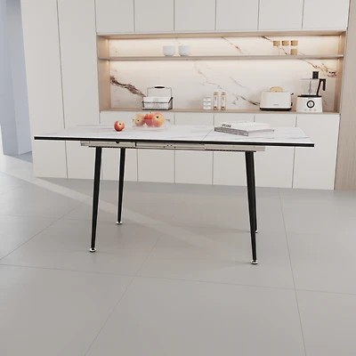 Simplie Fun 63" Mdf square white marble pattern stretchable dining table, modern industrial kitchen and dining table, equipped with tapered black meta