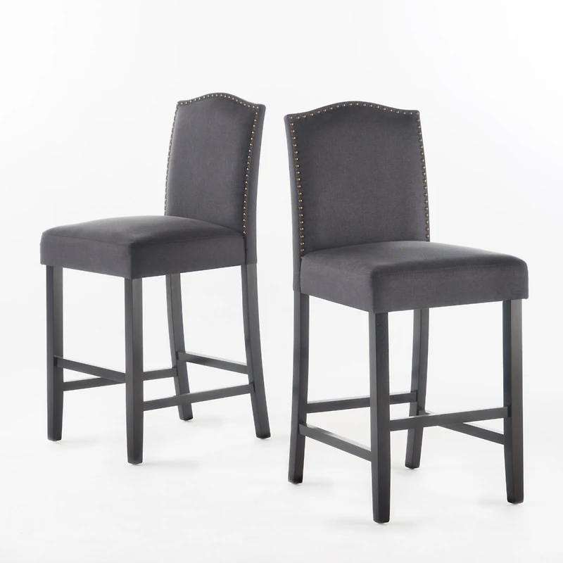 Streamdale Furniture Set Of 2, 27" Upholstered Counter Height Barstools With Nailhead Trim, Dark Charcoal And Walnut, Fabric