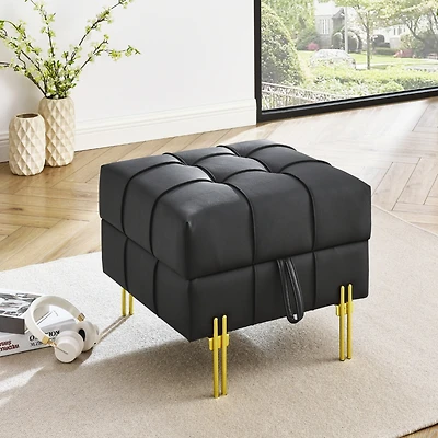 22 inches Anti-scratch Leather Storage Ottoman, Pet Friendly Entryway Bench with Golden Stainless Steel Legs