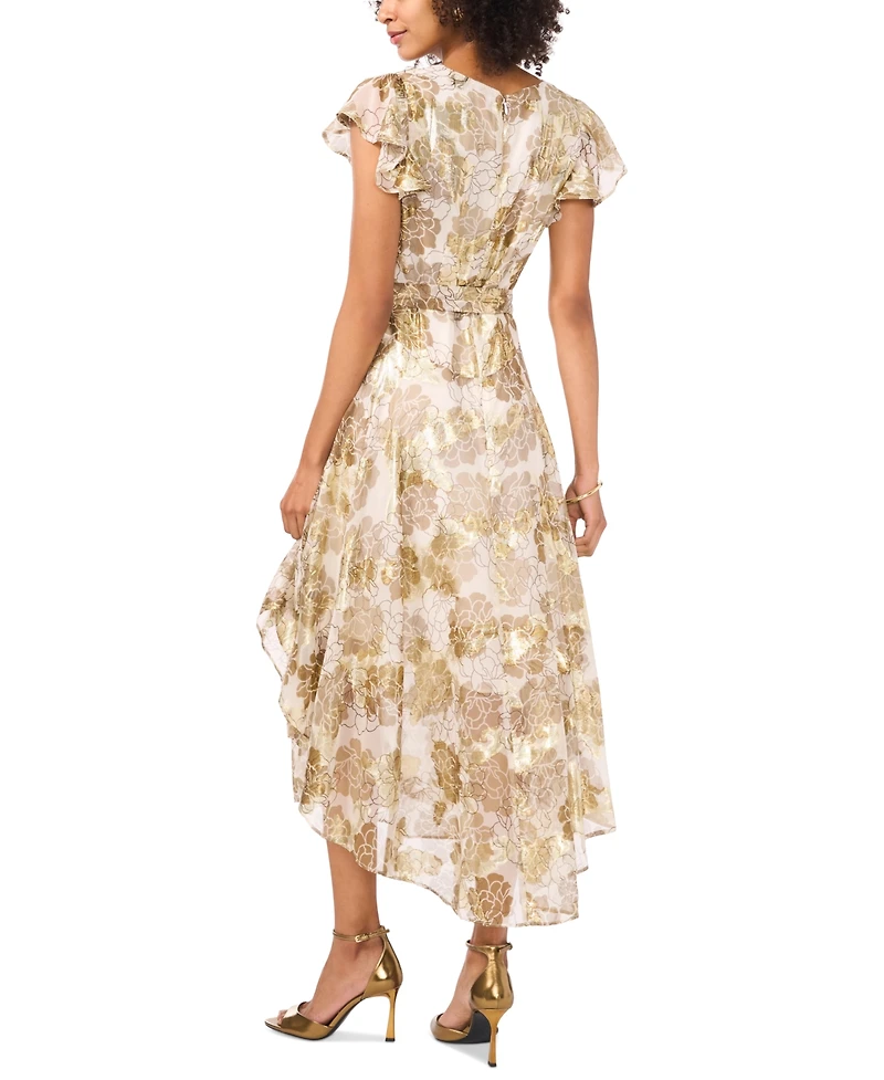 Vince Camuto Women's Metallic Print V-Neck Flutter-Sleeve Midi Dress