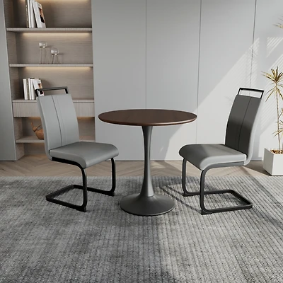Streamdale Furniture Walnut circular dining table, 31.5" tulip dining table, kitchen dining table for 2-4 people, Mdf tabletop and base, and 2 gray Pu