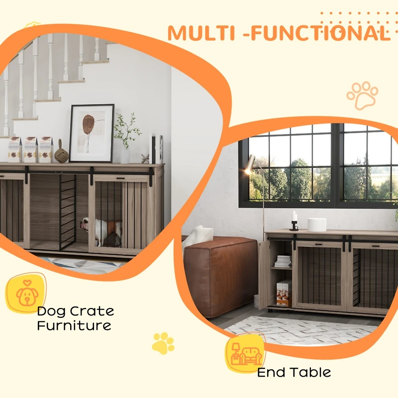 Streamdale Furniture Dog Crate Furniture with Removable Divider for 2 Small Dogs or 1 Large Dog, 71" Modern Dog Kennel Furniture End Table with Storag