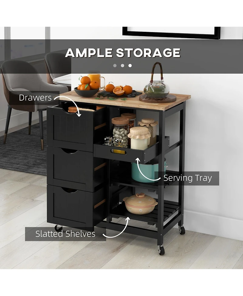 Rolling Kitchen Island Cart, Bar Serving Cart, Compact Trolley on Wheels with Wood Top, Shelves & Drawers for Home Dining Area, Black