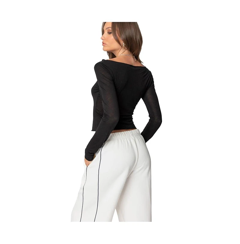 Edikted Womens Rach Sheer Boat Neck Top