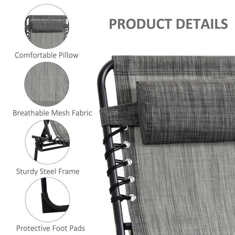 Reclining Chaise Lounge Chair, Portable Sun Lounger, Folding Camping Cot, with Adjustable Backrest and Removable Pillow, for Patio, Garden, Beach, Gre