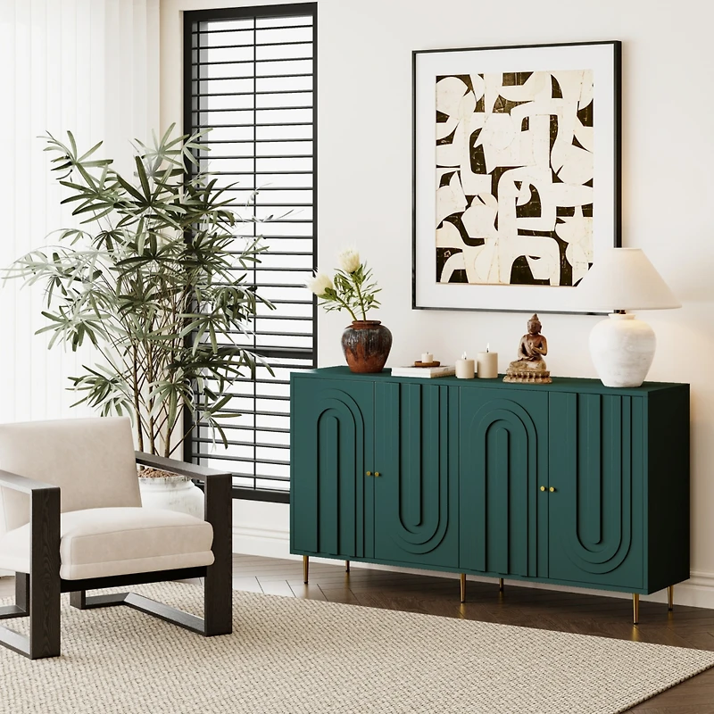 Simplie Fun Modern Green Lacquered 4 Door Wooden Cabinet Sideboard Buffet Server Cabinet Storage Cabinet, for Living Room, Entryway, Hallway, Office,