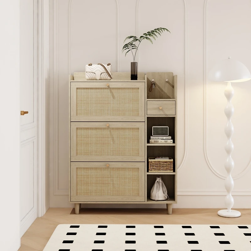 Streamdale Bohemian Shoe Cabinet with Rattan Drawers and Shelves