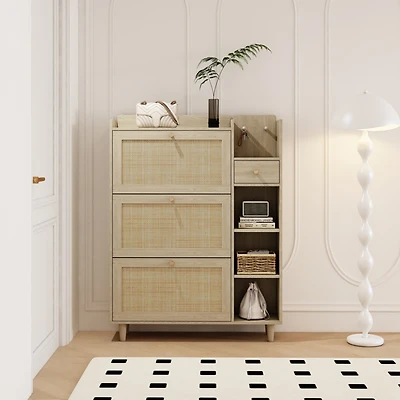 Streamdale Bohemian Shoe Cabinet with Rattan Drawers and Shelves