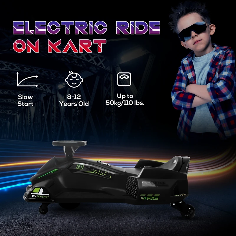 12V Electric Go Kart, 5 Mph Drifting Car, Battery Powered Ride on Toy Outdoor with Slow Start, Music, Colorful Lights, for 8-12 Years Old, Black