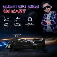 12V Electric Go Kart, 5 Mph Drifting Car, Battery Powered Ride on Toy Outdoor with Slow Start, Music, Colorful Lights, for 8-12 Years Old, Black