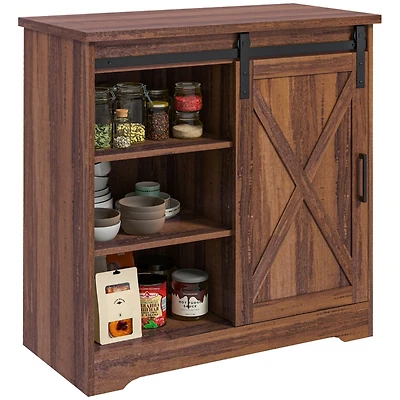 Farmhouse Coffee Bar Cabinet, 33" Buffet Sideboard with Sliding Barn Door and Adjustable Shelf, Kitchen Buffet Cabinet, Brown