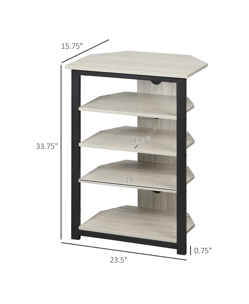 Tv Stand, Av Media Stand, Corner Audio Tower with Storage Shelves and Steel Frame, Living Room Storage, Gray