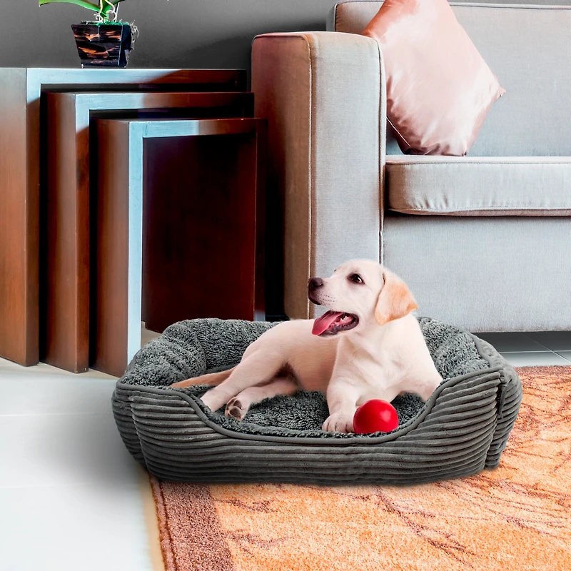 Details Rectangle Dog Bed, Durable Sleeping Calming Cuddler for Pets, Super Plush Corduroy Sherpa
