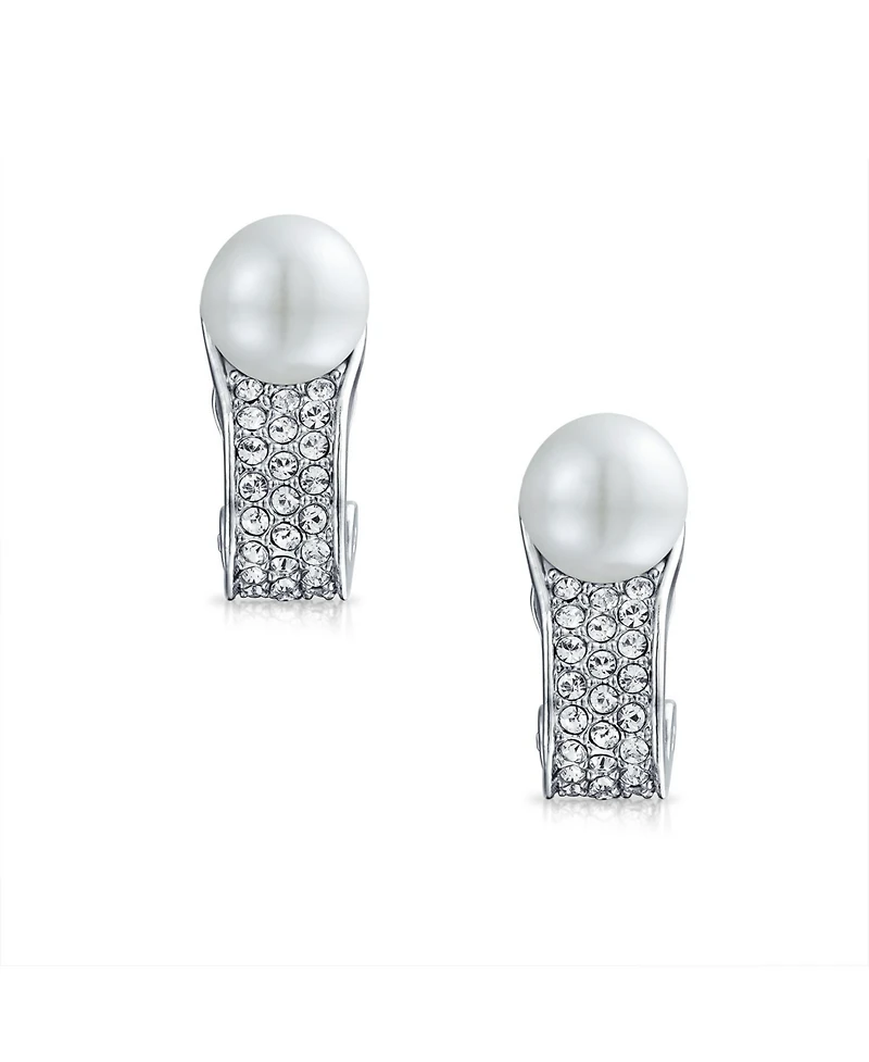 Bling Jewelry Crystal Pearl Huggie Clip-On Earrings Non-Pierced Ears Silver Plated