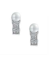Bling Jewelry Crystal Pearl Huggie Clip-On Earrings Non-Pierced Ears Silver Plated