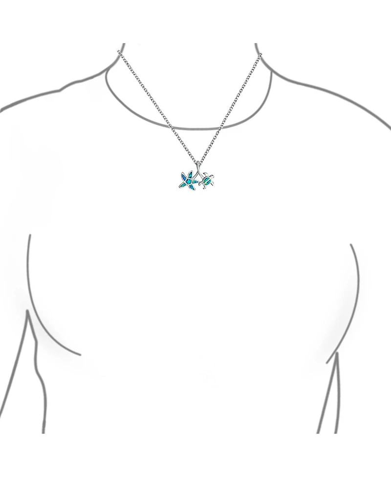 Bling Jewelry Nautical Tropical Beach Vacation Iridescent Blue Created Opal Inlay Sea Turtle Starfish Pendant Necklace .925 Sterling Silver