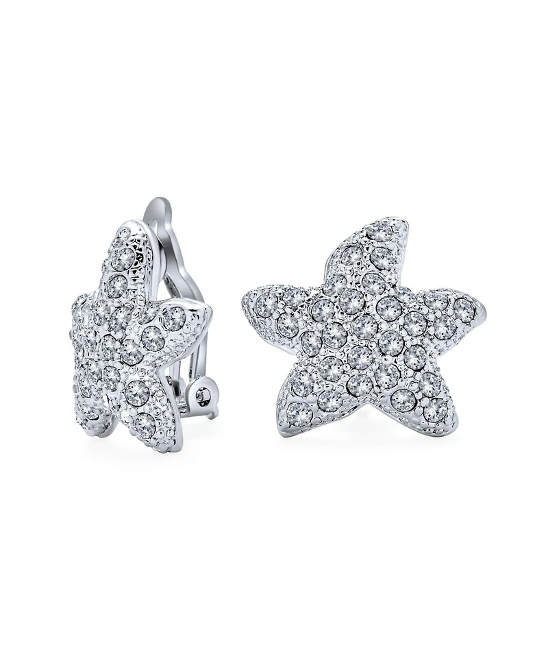 Bling Jewelry Pave Crystal Starfish Clip On Earrings Non Pierced Ears Silver Plated