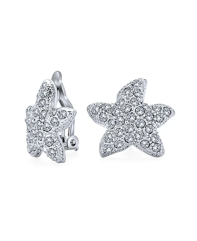 Bling Jewelry Pave Crystal Starfish Clip On Earrings Non Pierced Ears Silver Plated