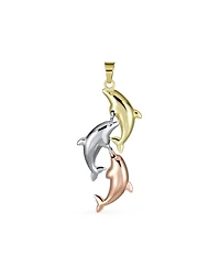 Bling Jewelry Vacation Real Tri Color 14K Yellow Rose White Gold Nautical Trio Sea Life Fish Charm 3 Dolphin Family Necklace Pendant No Chain