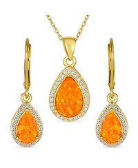 Bling Jewelry Cz Halo Solitaire Orange Opal Teardrop Pendant & Earrings Jewelry Set