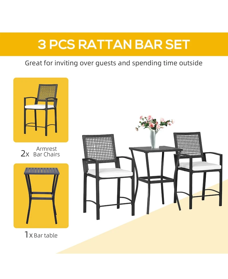 3pcs Patio Bar Set with Soft Cushion, Rattan Wicker Outdoor Furniture Set for Backyards, Lawn, Deck, Poolside